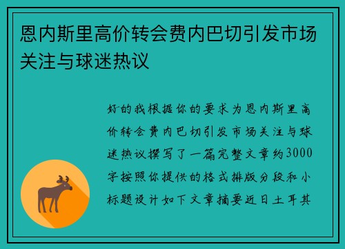 恩内斯里高价转会费内巴切引发市场关注与球迷热议